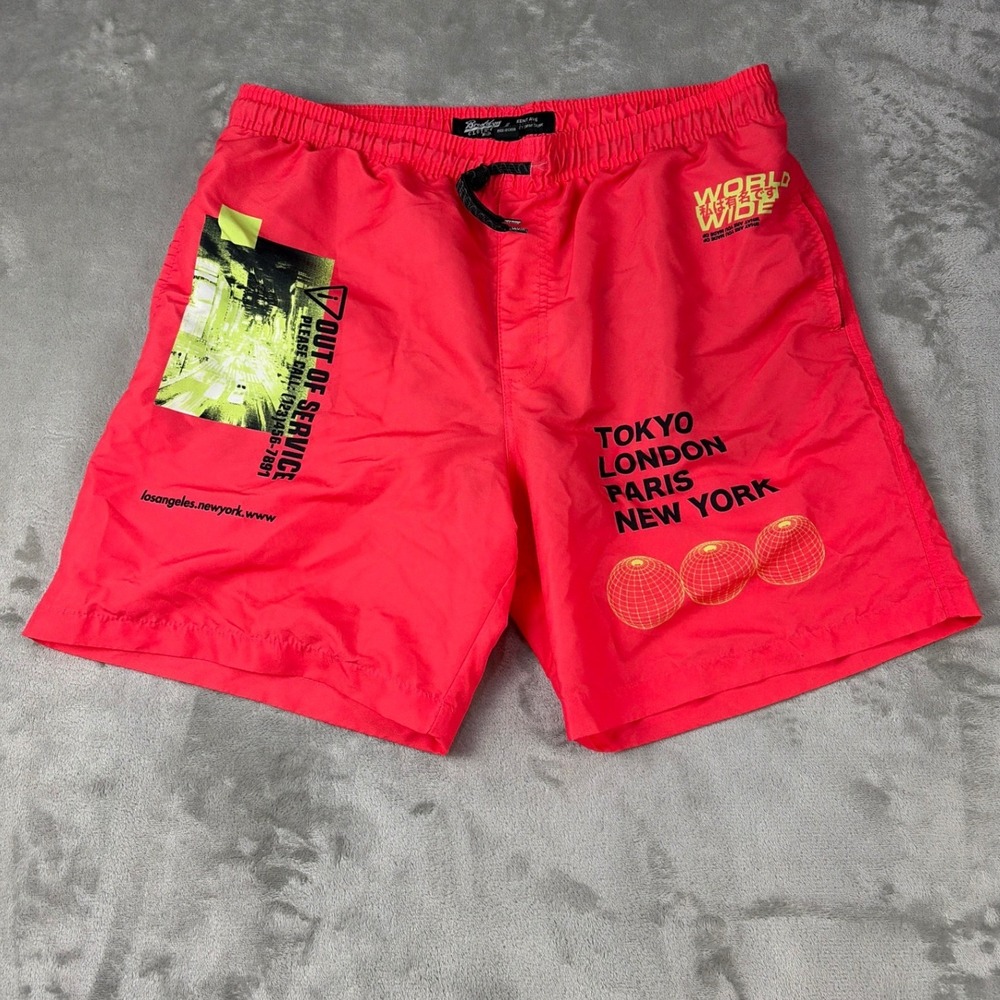 Brooklyn Cloth Kent Ave Volley Swim Trunks Neon Red Graphic Mens Large BKM4104S